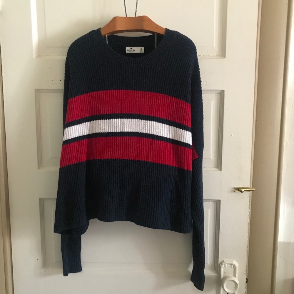 Vintage 90s Y2K Holister striped cropped navy red Sporty crewneck Sweater M/L